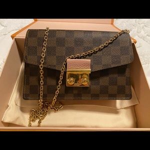 Authentic Louis Vuitton cross body / beige /pink color. Brown square print.